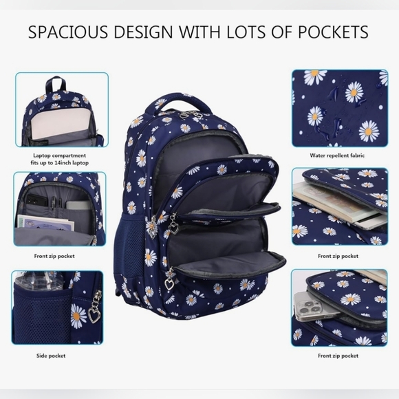 Daisy Printed Backpacks With Lunch Pack Pencil Case 3pcs, Lightweight Water Resi - Picture 3 of 8